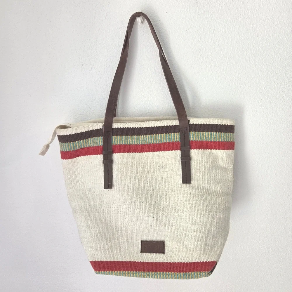 Prüne Woven Southwestern Geometric Tote Bag Cream Red Leather Straps Large